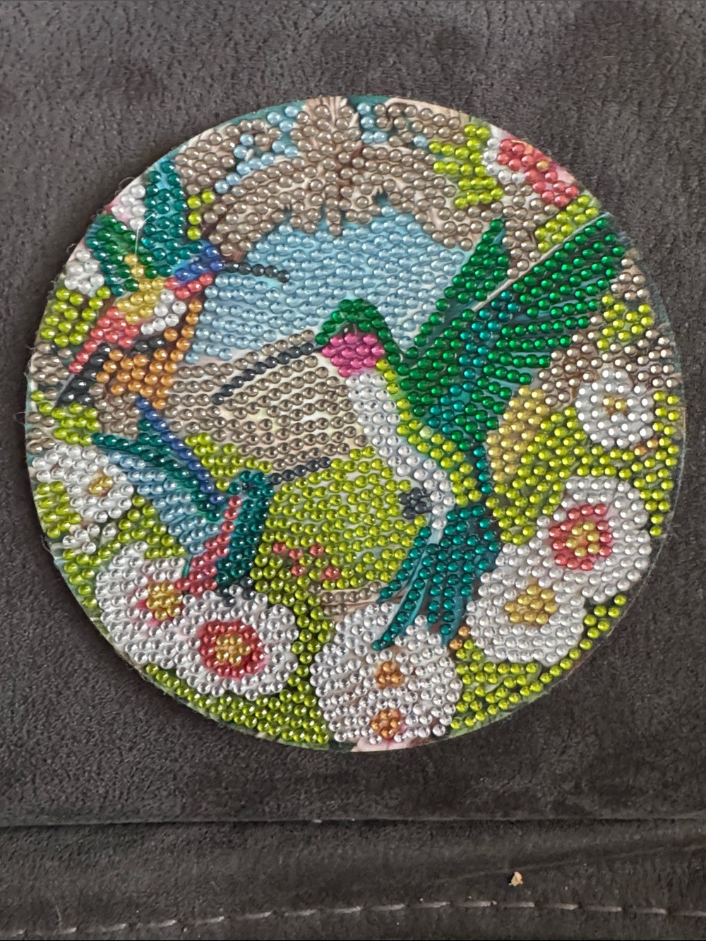 Round Beaded Hummingbird Decorative Plaque Coaster Trivet - Green & Turquoise